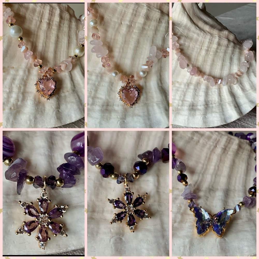 Pink and Purple Heart Shaped Necklaces with natural stones